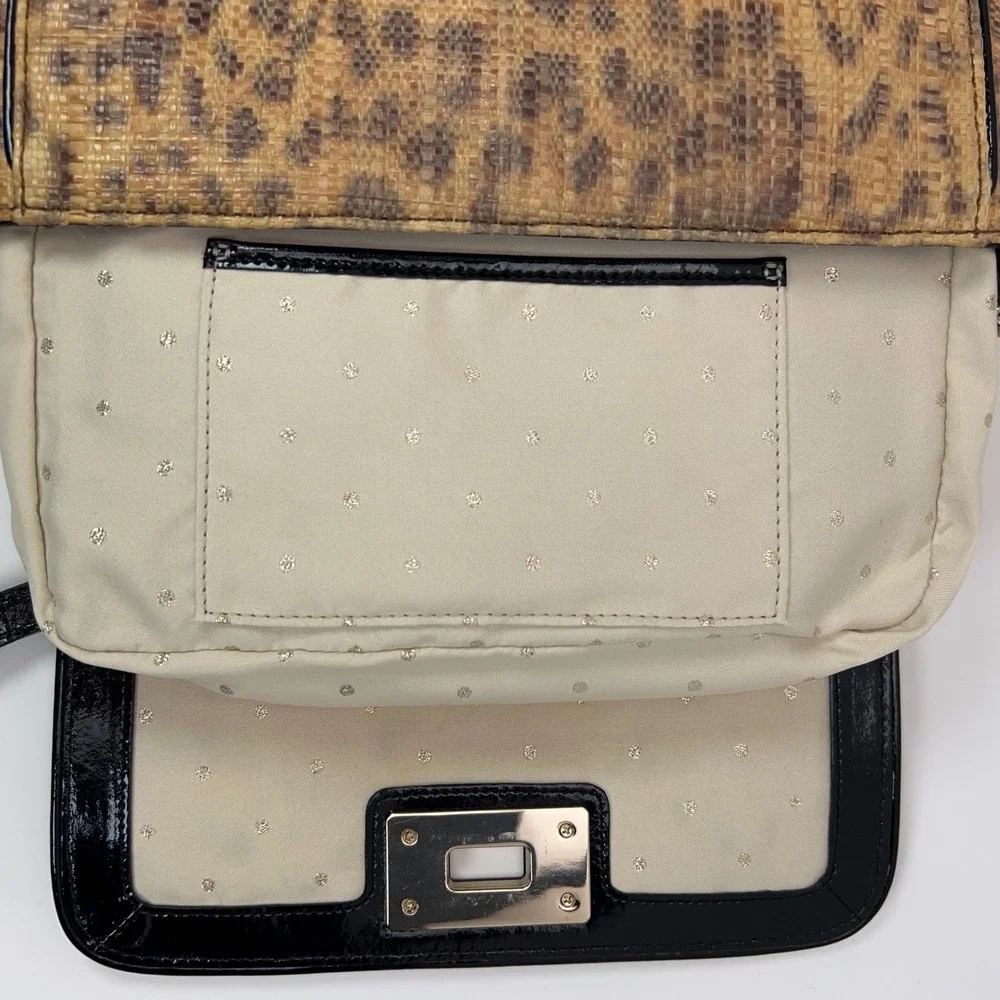 Kate Spade Woven Straw Crossbody Bag Gold Turn Lock Leopard Print Satchel Medium